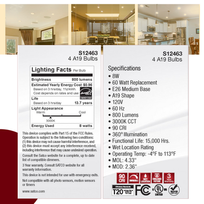 Satco S12463 - 8 Watt A19 LED; Clear; 3000K; Medium Base; 120 Volt