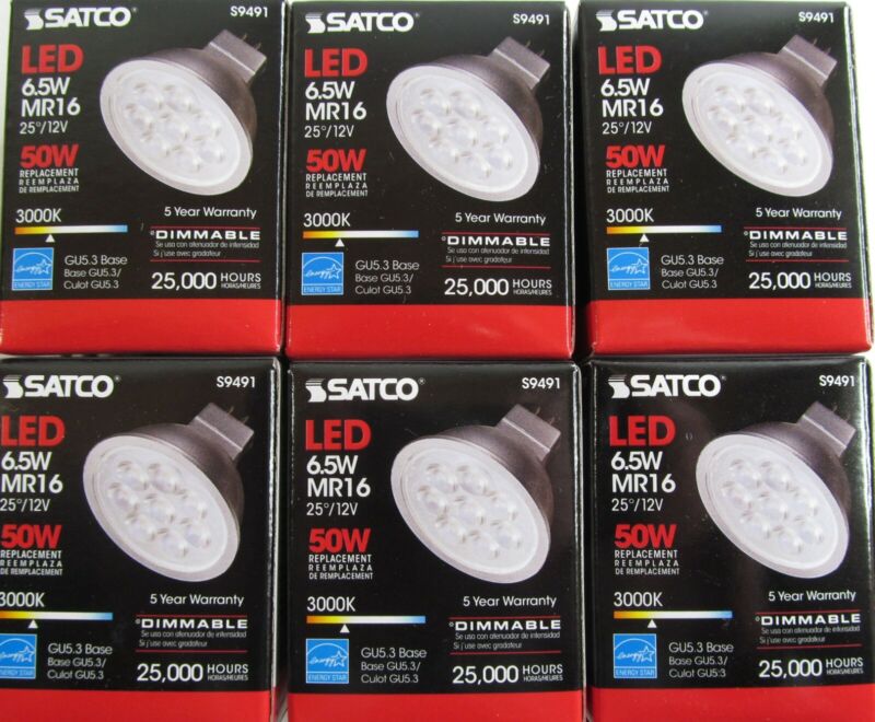 Satco S9491 - 6.5 Watt; LED MR16 LED; 3000K; 25 deg. Beam Angle; GU5.3 base; 12 Volt AC/DC