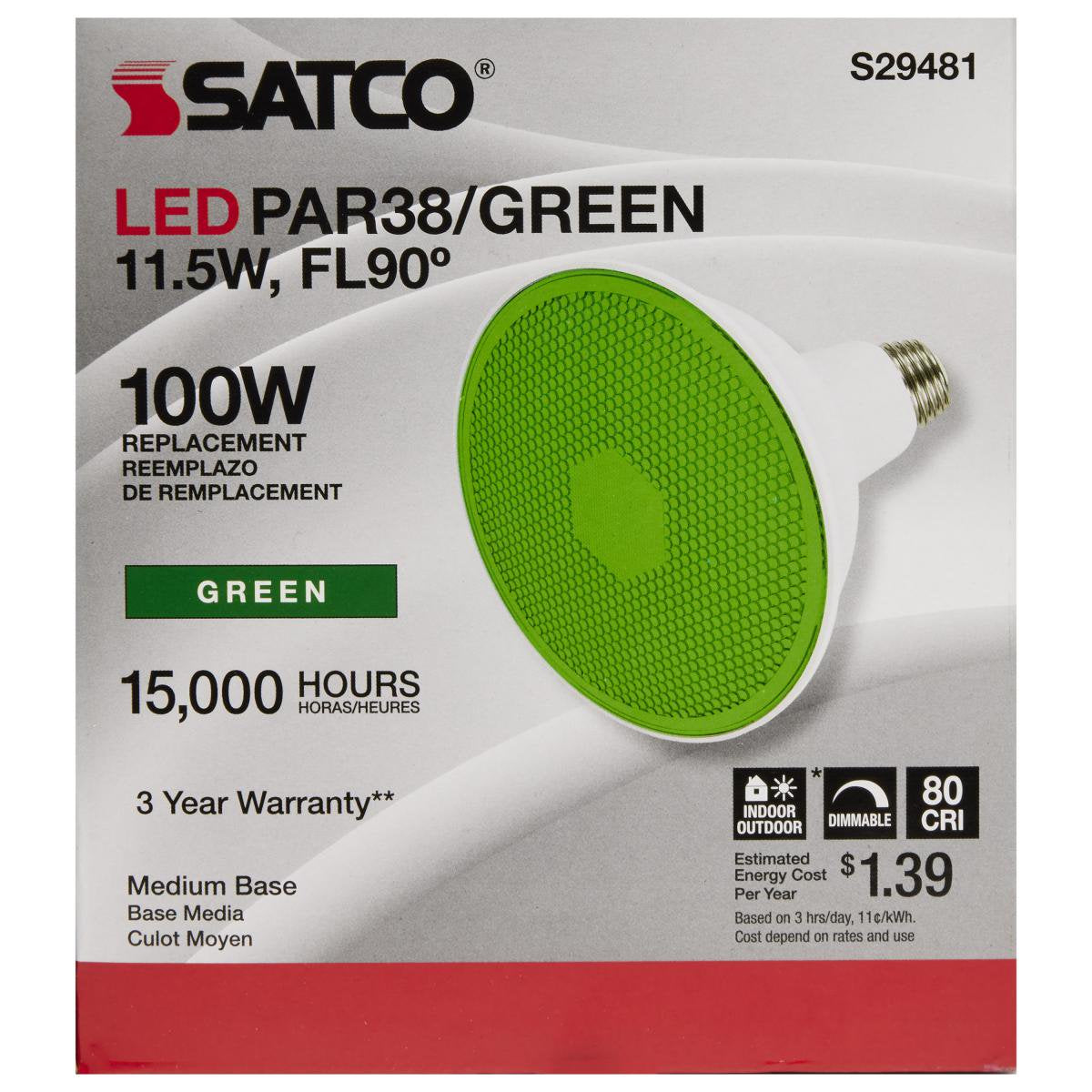 Satco S29481 PAR38 LED Light Bulbs Green E26 Medium Base 11.5W 120V Dimmable (12 Pack)