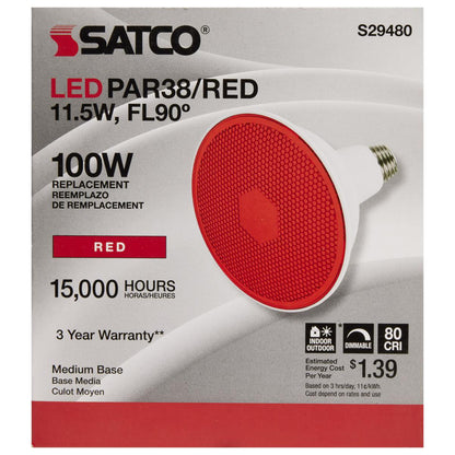 Satco S29480 PAR38 LED Light Bulbs Red E26 Medium Base 11.5W 120V Dimmable (6 Pack)