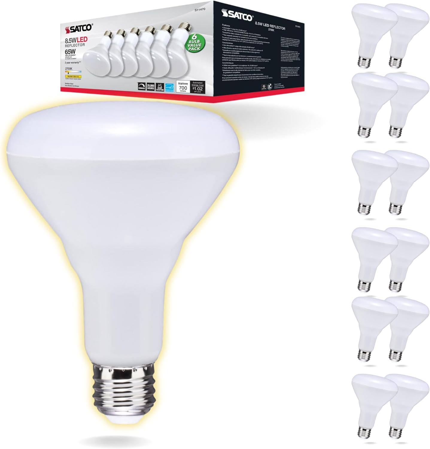 Satco S11470 - 8.5 Watt; BR30 LED; 2700K; 80 CRI; Medium Base; 120 Volts; Dimmable; 6 pack