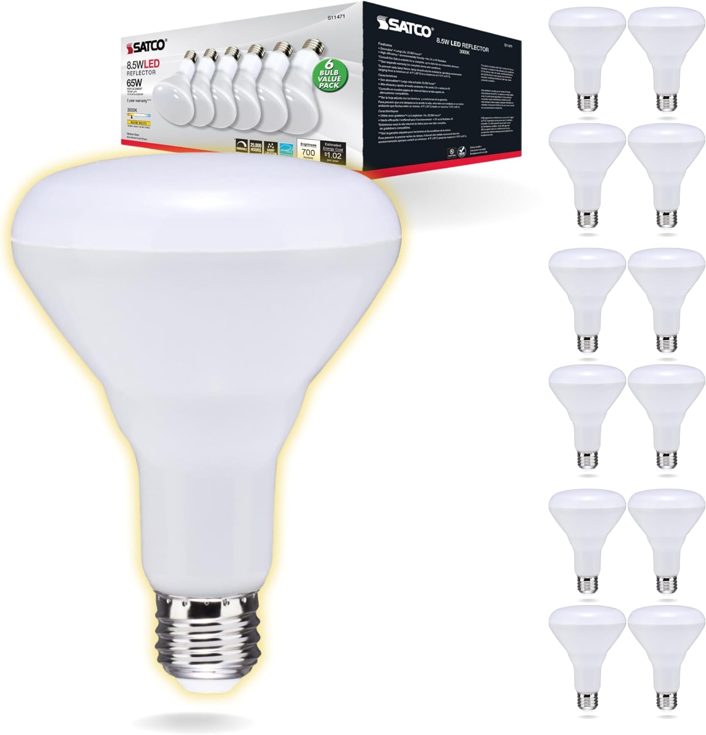 Satco S11471 - 8.5 Watt; BR30 LED; 3000K; 80 CRI; Medium Base; 120 Volts; Dimmable; 6 pack