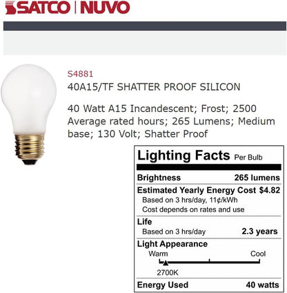 Satco S4881 A15 Incandescent 40W Light Bulb Shatter Proof Frosted 2700K E26 Medium Base Dimmable (6 Pack)