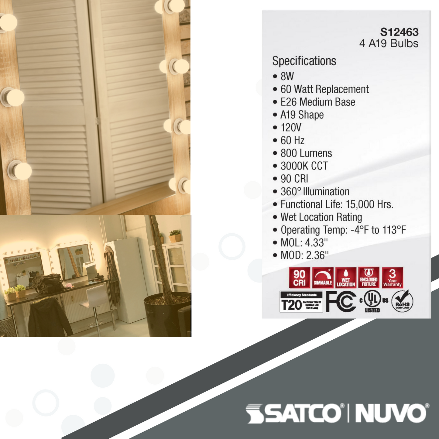 Satco S12463 - 8 Watt A19 LED; Clear; 3000K; Medium Base; 120 Volt