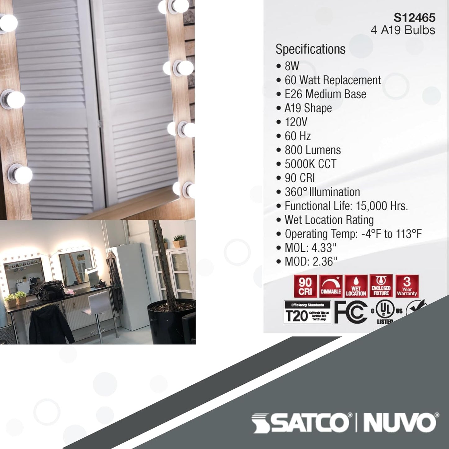 Satco S12465 - 8 Watt A19 LED; Clear; 5000K; Medium Base; 120 Volt