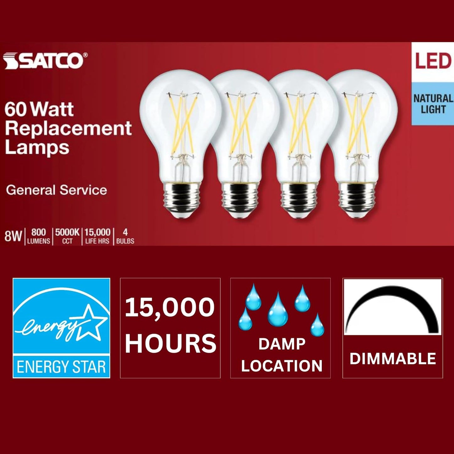 Satco S12465 - 8 Watt A19 LED; Clear; 5000K; Medium Base; 120 Volt