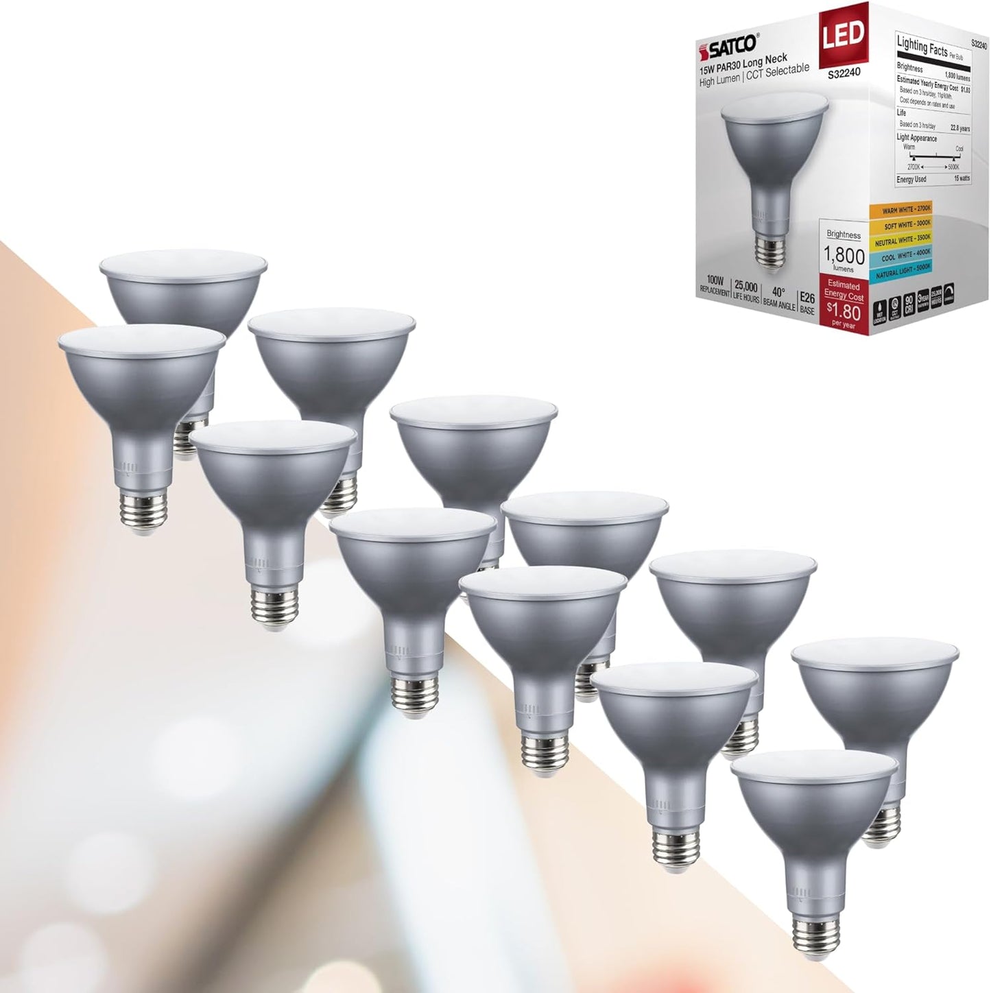 SATCO S32240 15W 120V PAR30LN High Lumen Reflector LED Light Bulb CCT Select Dimmable CA Compliant (12 Pack)