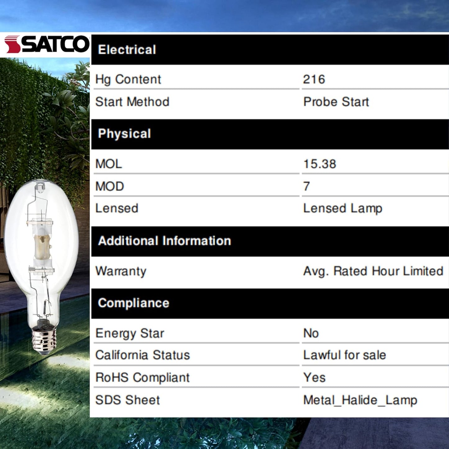 Satco S5837 HyGrade Metal Halide HID Bulb BT56 4200K 1500W 167000L EX39 Mogul Base (1 Pack)