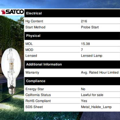 Satco S5837 HyGrade Metal Halide HID Bulb BT56 4200K 1500W 167000L EX39 Mogul Base (1 Pack)