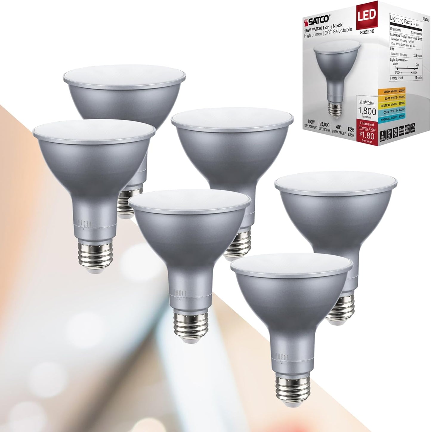 SATCO S32240 15W 120V PAR30LN High Lumen Reflector LED Light Bulb CCT Select Dimmable CA Compliant (6 Pack)