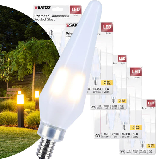 Satco S12141 Prismatic HX11 LED Light Bulb 2W 120V 2700K E12 Candelabra Base Frosted Finish Dimmable (12 Light Bulbs)