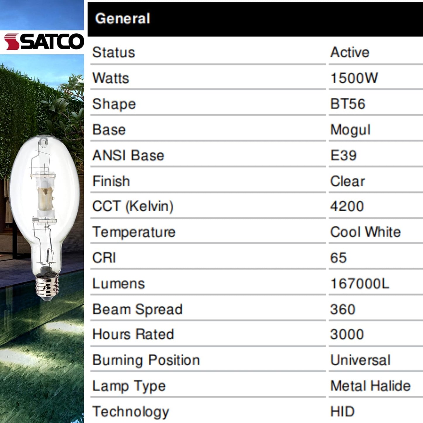 Satco S5837 HyGrade Metal Halide HID Bulb BT56 4200K 1500W 167000L EX39 Mogul Base (1 Pack)