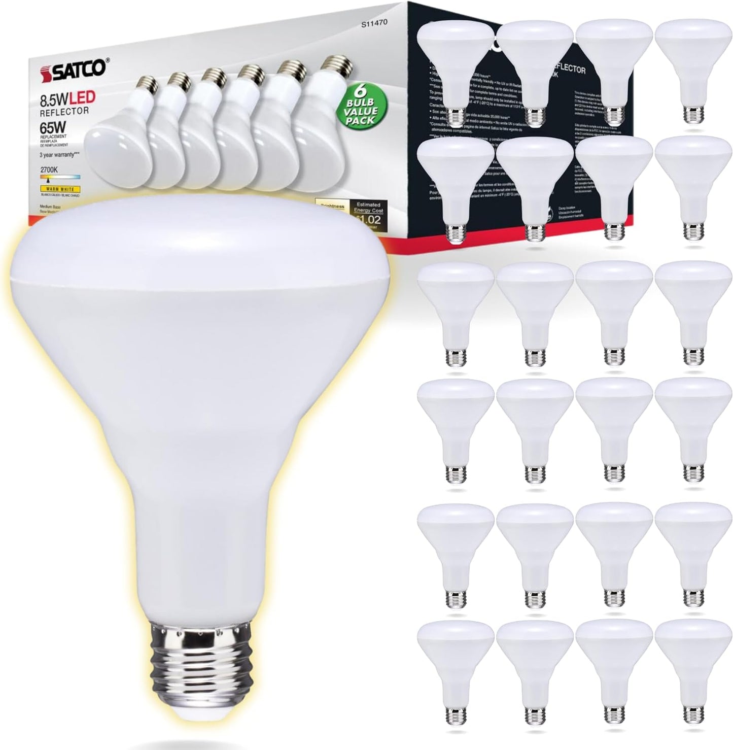 Satco S11470 - 8.5 Watt; BR30 LED; 2700K; 80 CRI; Medium Base; 120 Volts; Dimmable; 6 pack