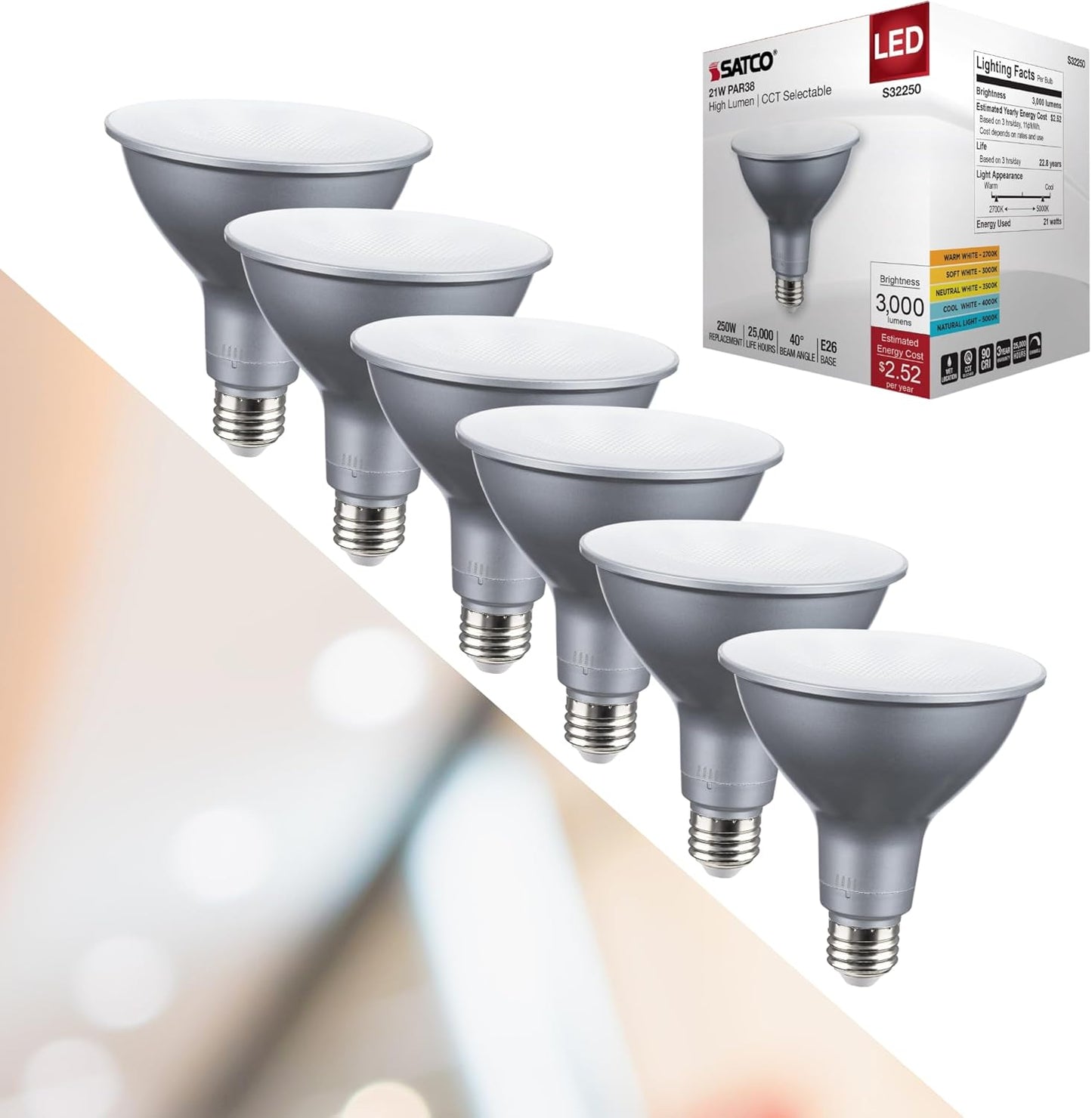 SATCO S32250 21W 120V PAR38 High Lumen Reflector LED Light Bulb CCT Select Dimmable CA Compliant (6 Pack)