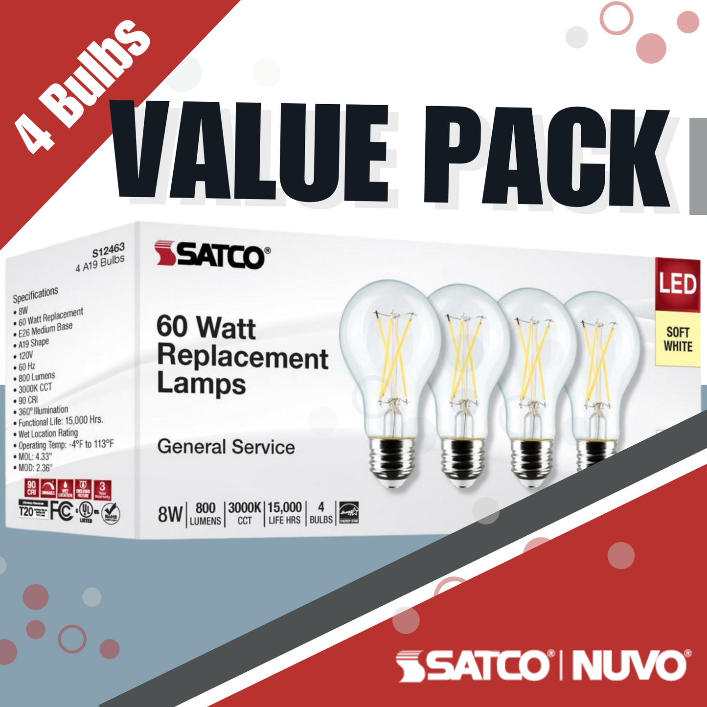 Satco S12463 - 8 Watt A19 LED; Clear; 3000K; Medium Base; 120 Volt