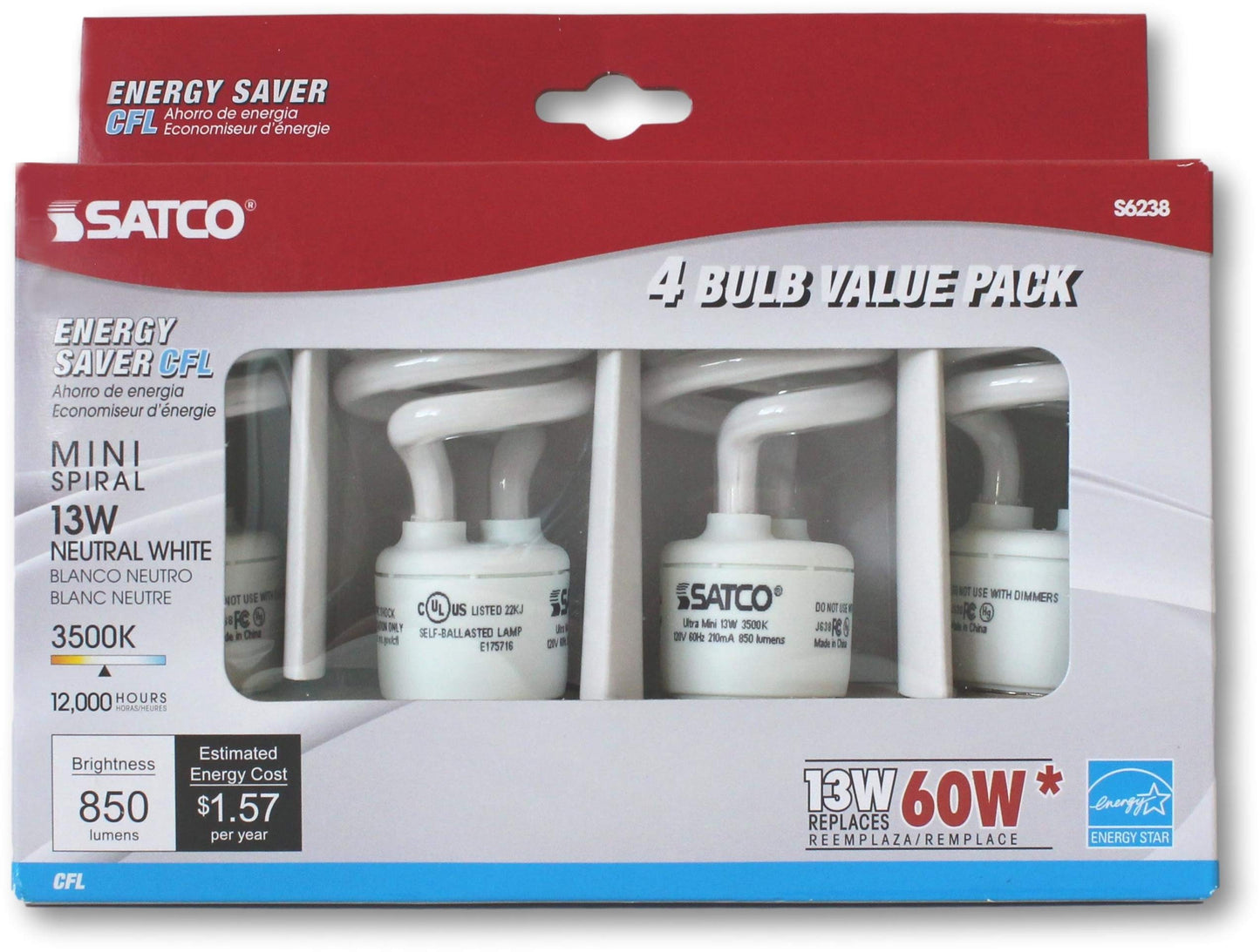 Satco S6238 Mini Spiral Compact Fluorescent CFL 13W 120V 3500K 900L E26 Medium Base (4 Light Bulbs)