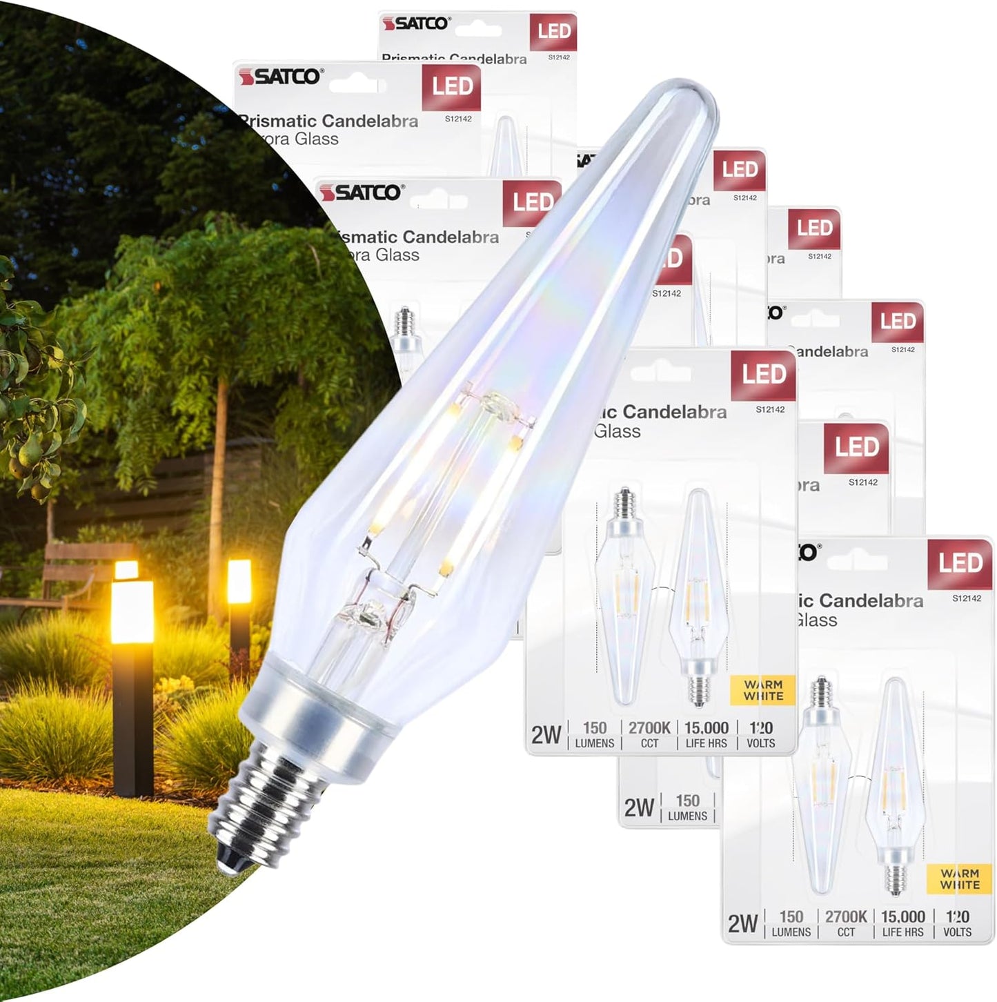 Satco S12142 Prismatic HX11 LED Light Bulb 2W 120V 2700K E12 Candelabra Base Aurora Finish Dimmable (24 Light Bulbs)