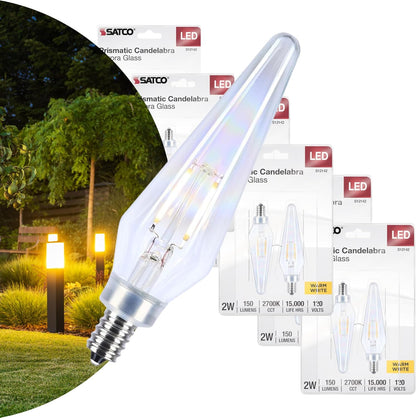 Satco S12142 Prismatic HX11 LED Light Bulb 2W 120V 2700K E12 Candelabra Base Aurora Finish Dimmable (12 Light Bulbs)