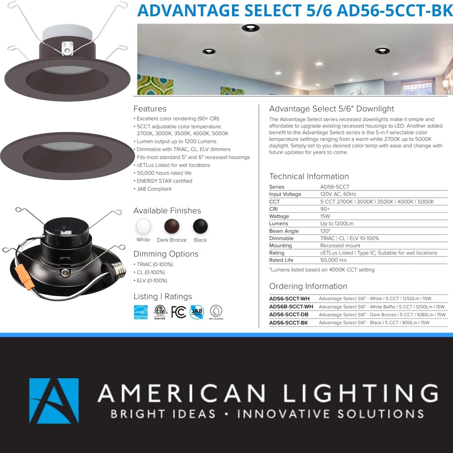 American Lighting AD56-5CCT-DB - Advantage Select LED CCT Downlight in Dark Bronze