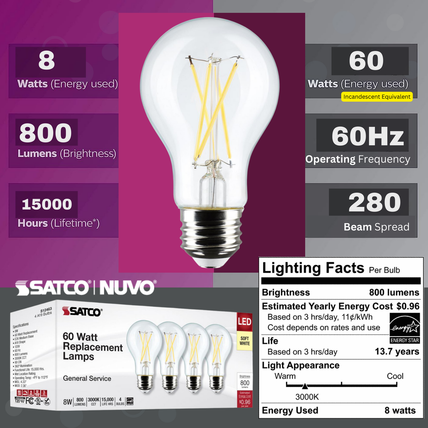 Satco S12463 - 8 Watt A19 LED; Clear; 3000K; Medium Base; 120 Volt