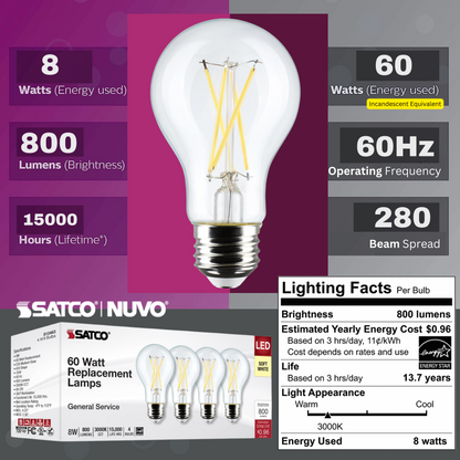 Satco S12463 - 8 Watt A19 LED; Clear; 3000K; Medium Base; 120 Volt