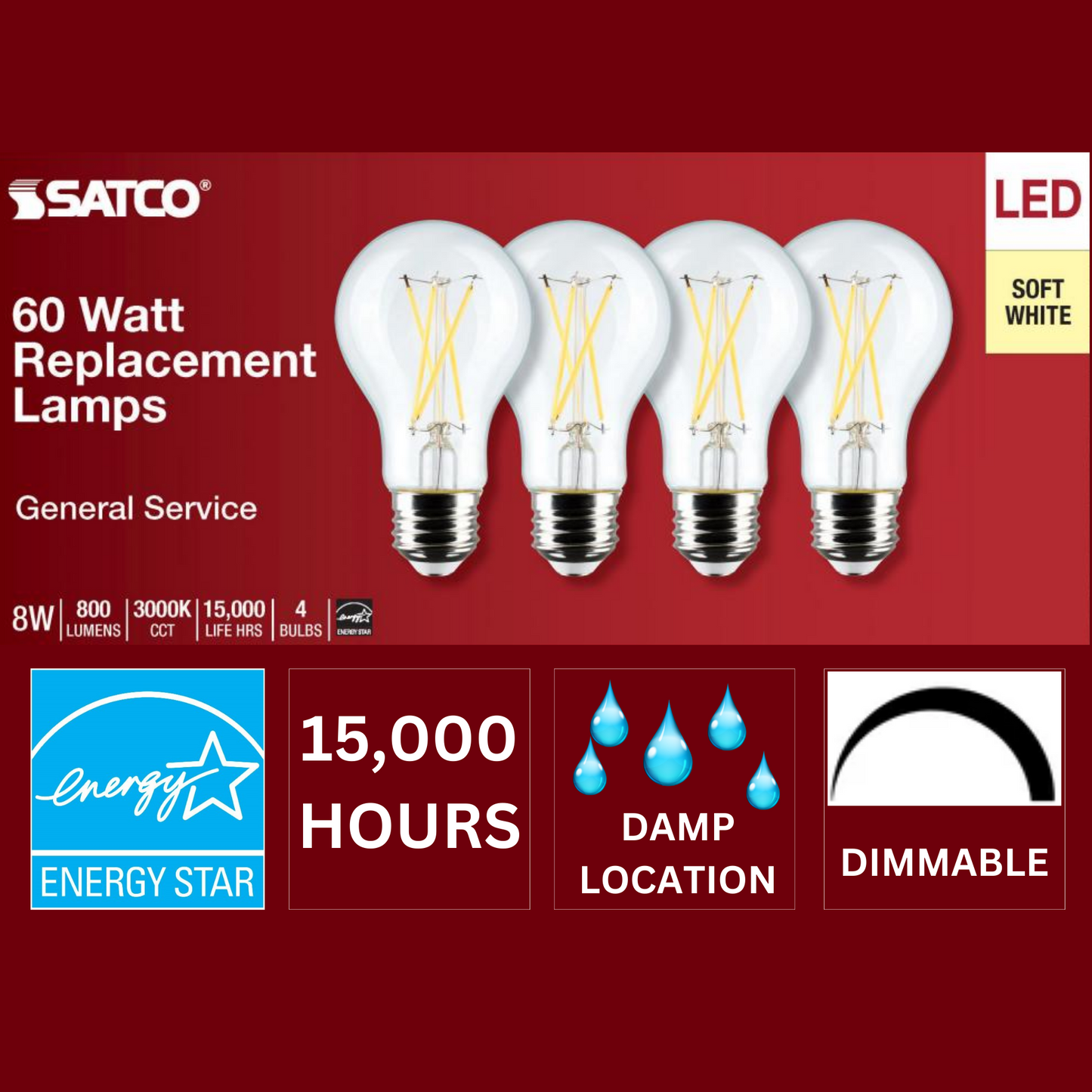 Satco S12463 - 8 Watt A19 LED; Clear; 3000K; Medium Base; 120 Volt