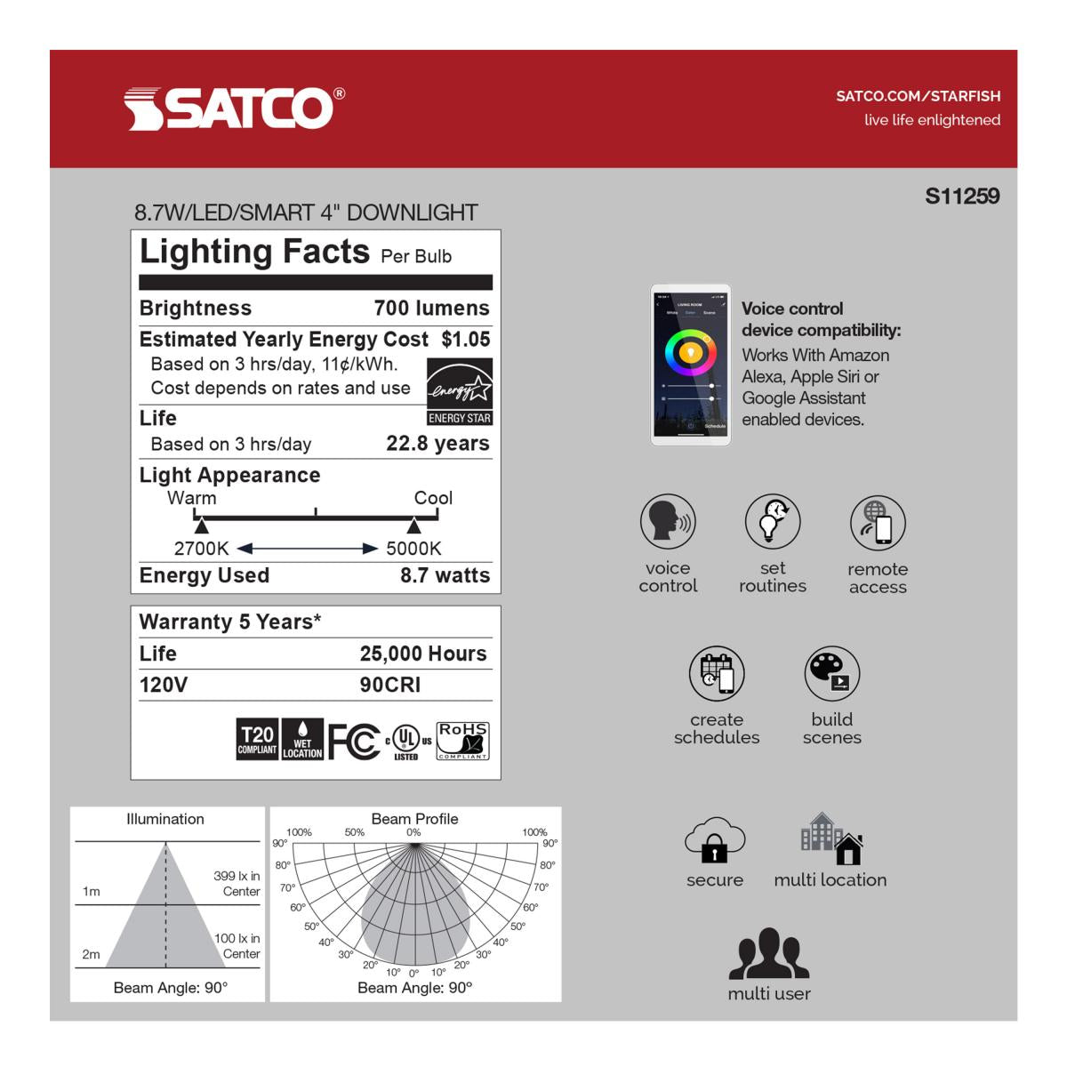 Satco S11259 Starfish IOT LED Recessed Downlight 8.7W 120V Tunable White 700 Lumen Dimmable (1 Pack)