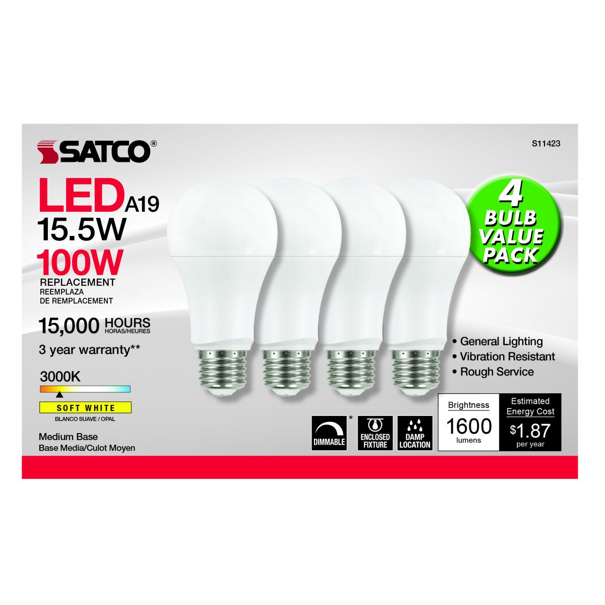 Satco S11423 - 14 Watt A19 LED; 3000K; Dimmable; Medium base; 230 deg. Beam Angle; 4-pack