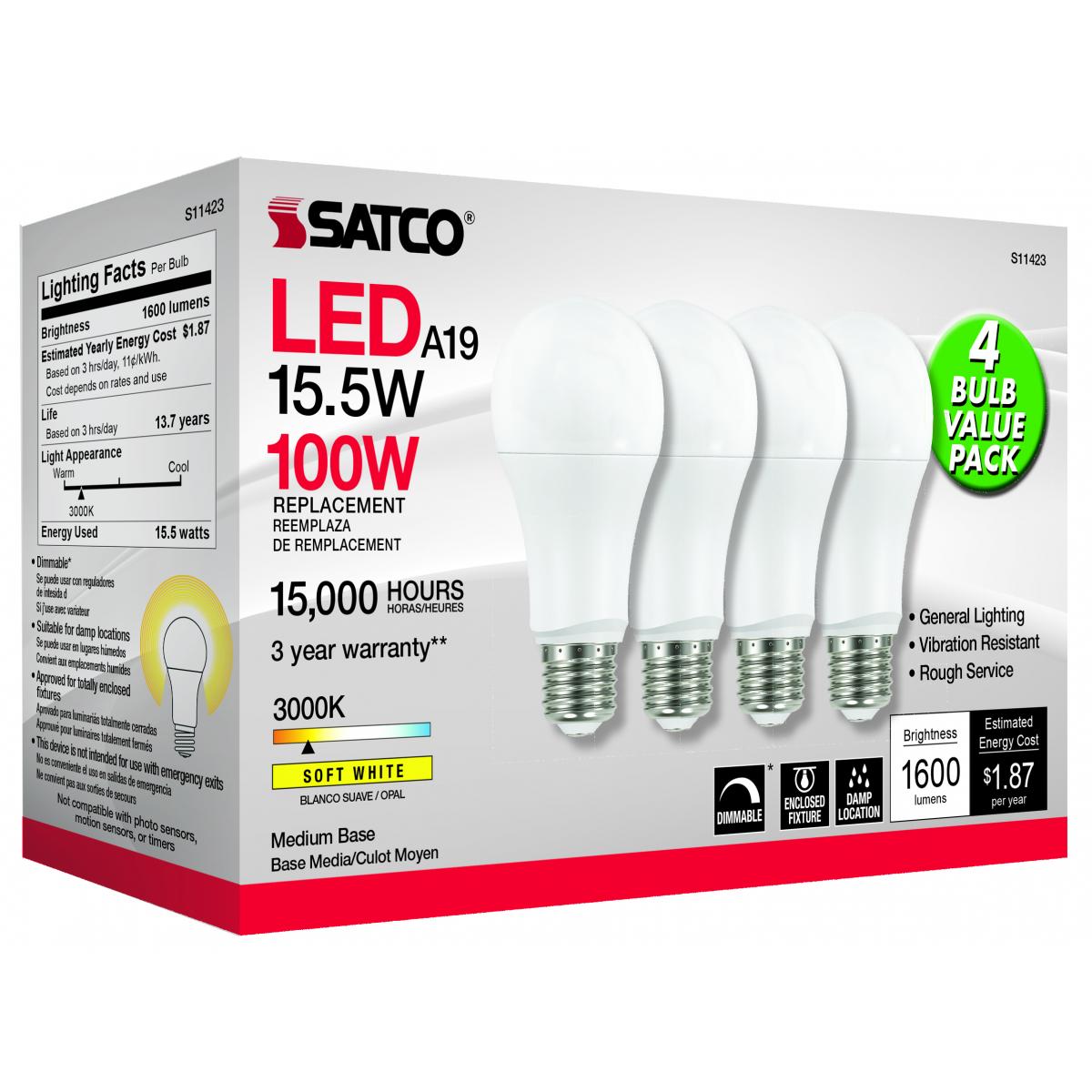 Satco S11423 - 14 Watt A19 LED; 3000K; Dimmable; Medium base; 230 deg. Beam Angle; 4-pack