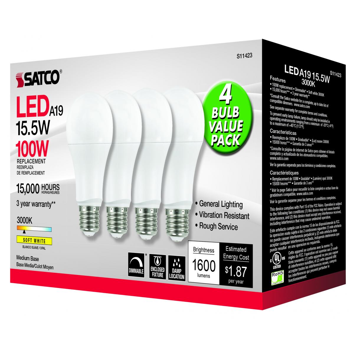 Satco S11423 - 14 Watt A19 LED; 3000K; Dimmable; Medium base; 230 deg. Beam Angle; 4-pack