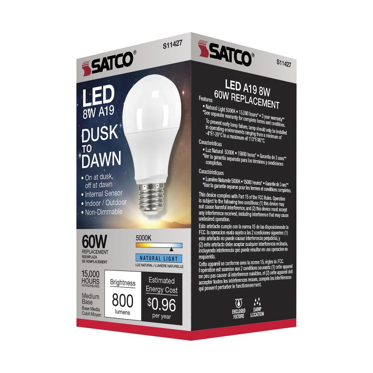 Satco S11429 Dusk to Dawn A19 LED Light Bulb 2700K E26 Medium Base 8.5W 120V (6 Pack)