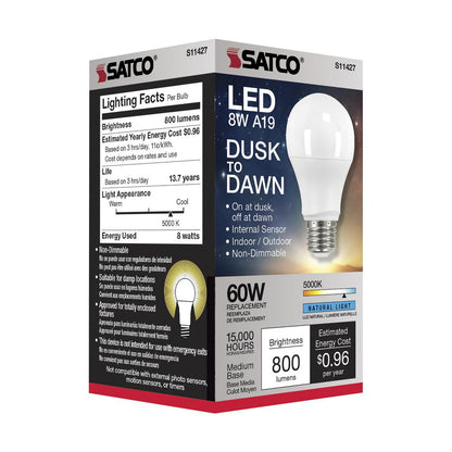 Satco S11429 Dusk to Dawn A19 LED Light Bulb 2700K E26 Medium Base 8.5W 120V (6 Pack)