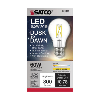 Satco S11428 Dusk to Dawn A19 LED Light Bulb 2700K E26 Medium Base 6.5W 120V (6 Pack)