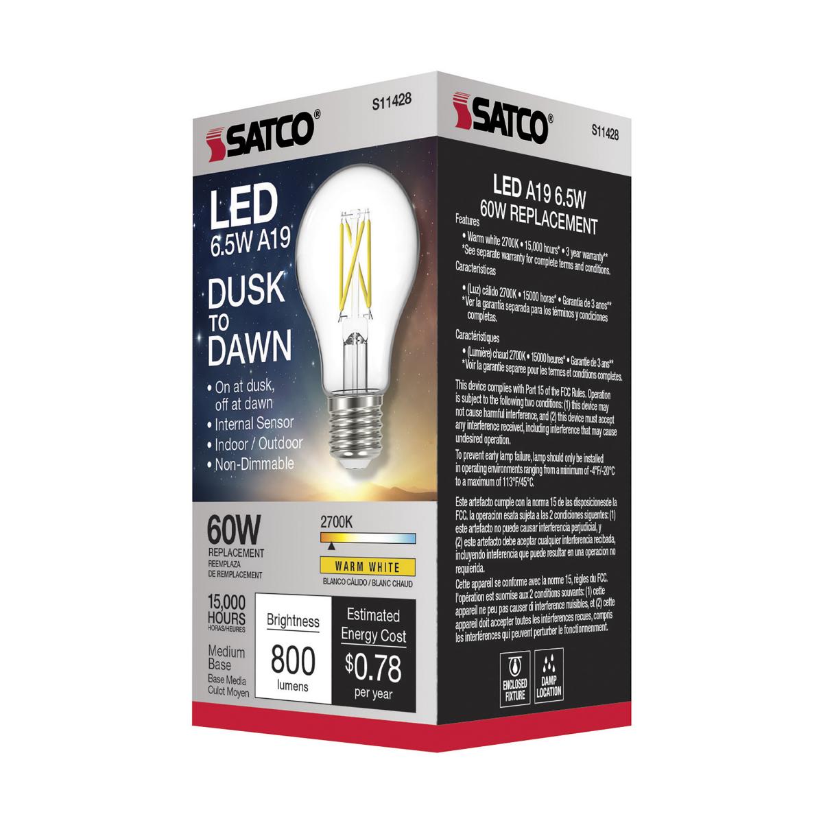 Satco S11428 Dusk to Dawn A19 LED Light Bulb 2700K E26 Medium Base 6.5W 120V (6 Pack)