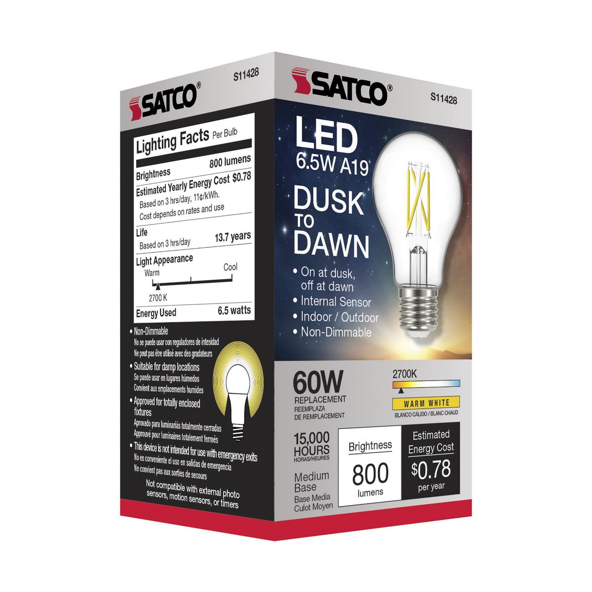 Satco S11428 Dusk to Dawn A19 LED Light Bulb 2700K E26 Medium Base 6.5W 120V (6 Pack)