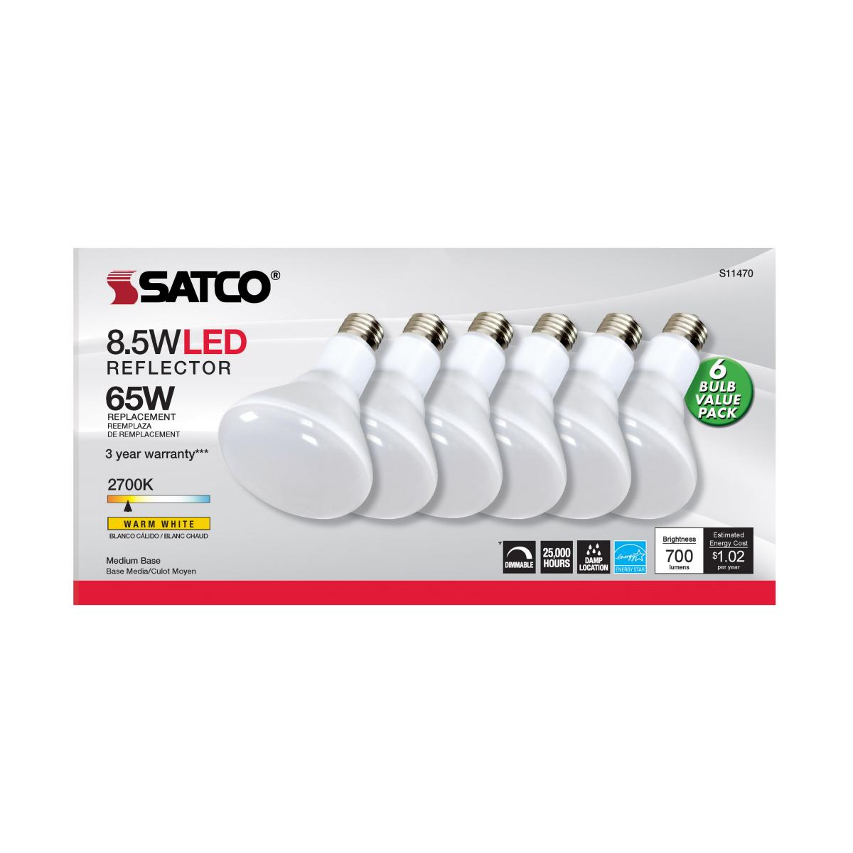 Satco S11470 - 8.5 Watt; BR30 LED; 2700K; 80 CRI; Medium Base; 120 Volts; Dimmable; 6 pack