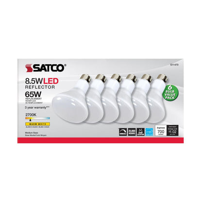 Satco S11470 - 8.5 Watt; BR30 LED; 2700K; 80 CRI; Medium Base; 120 Volts; Dimmable; 6 pack