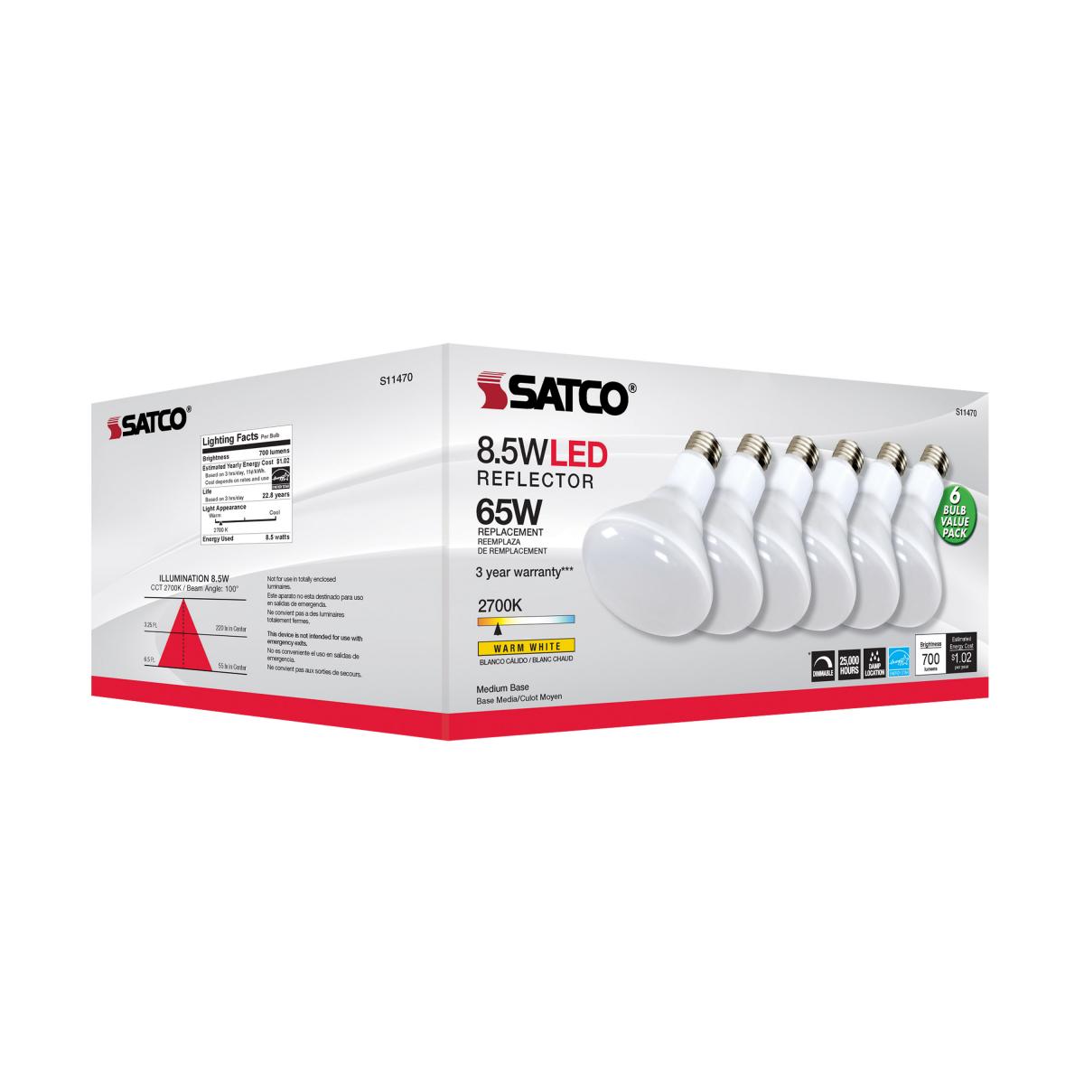 Satco S11470 - 8.5 Watt; BR30 LED; 2700K; 80 CRI; Medium Base; 120 Volts; Dimmable; 6 pack