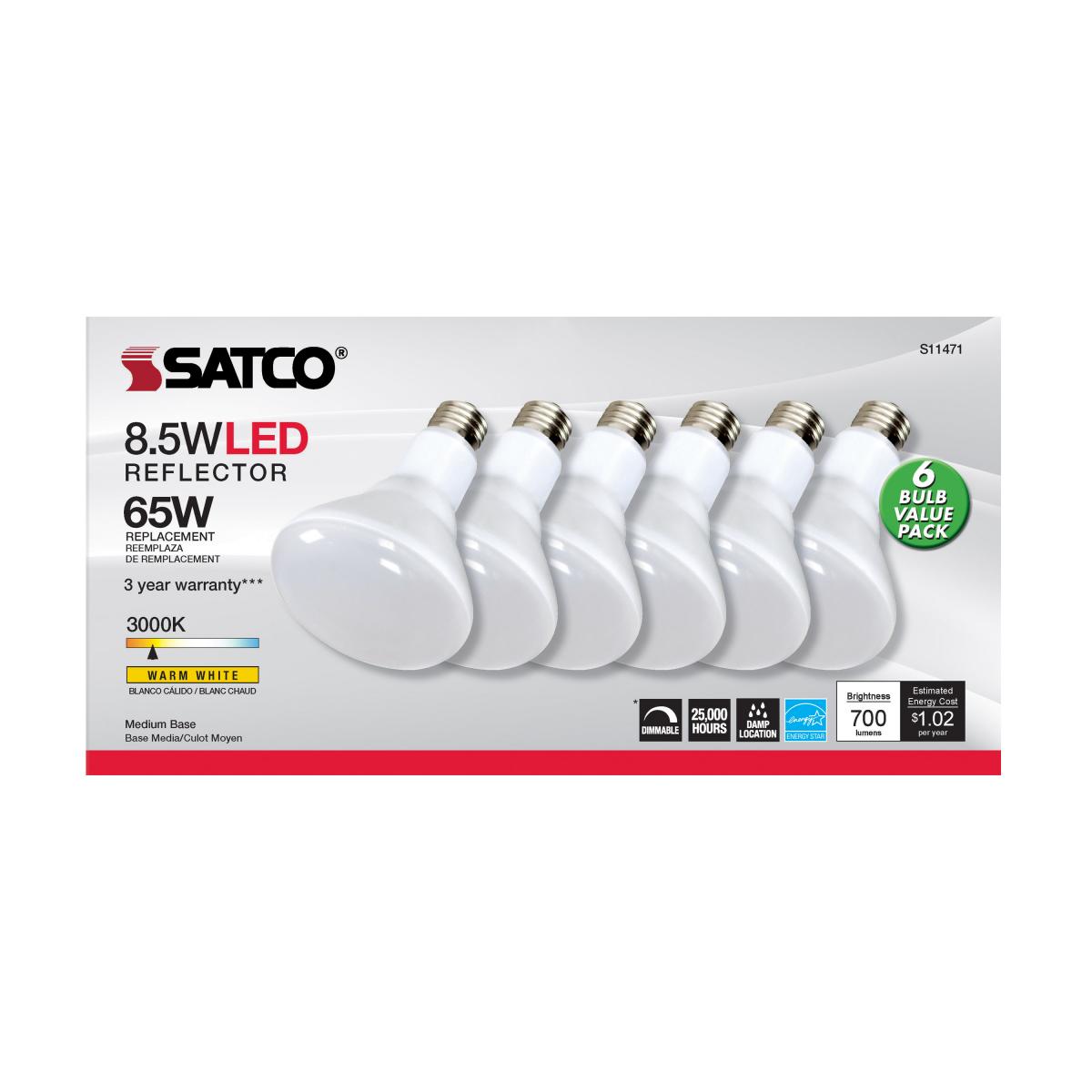 Satco S11471 - 8.5 Watt; BR30 LED; 3000K; 80 CRI; Medium Base; 120 Volts; Dimmable; 6 pack