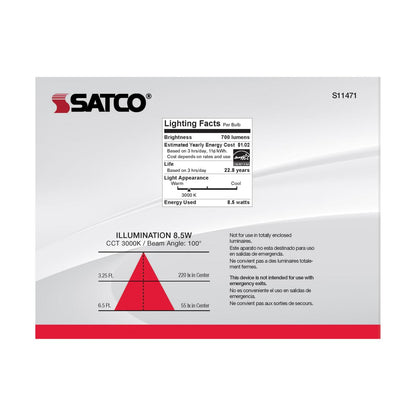 Satco S11471 - 8.5 Watt; BR30 LED; 3000K; 80 CRI; Medium Base; 120 Volts; Dimmable; 6 pack