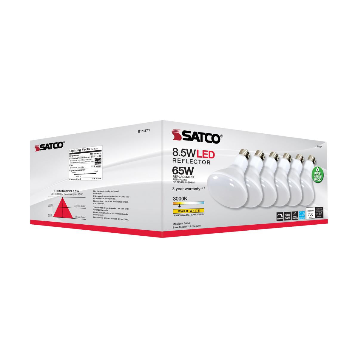 Satco S11471 - 8.5 Watt; BR30 LED; 3000K; 80 CRI; Medium Base; 120 Volts; Dimmable; 6 pack