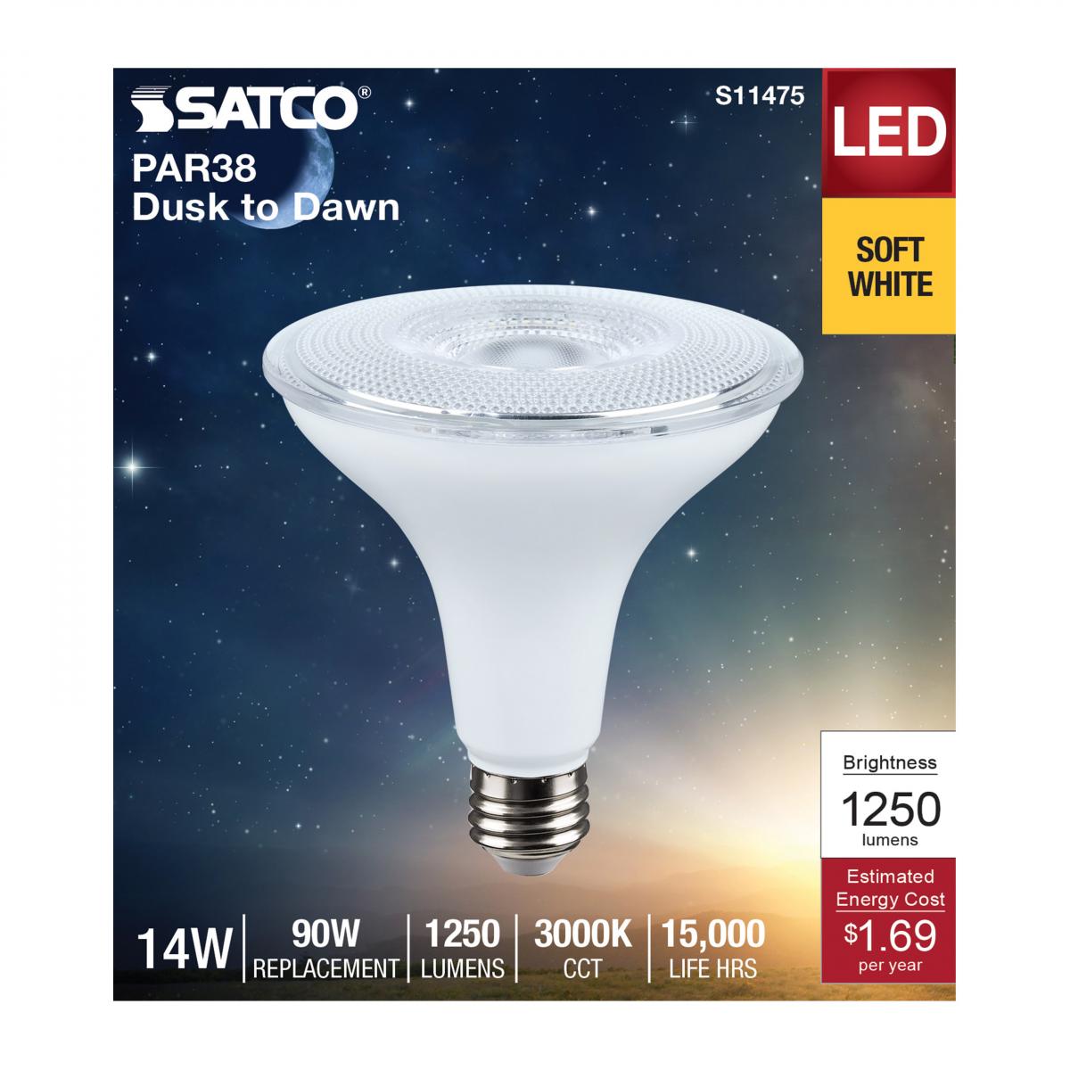 Satco S11475 Dusk to Dawn PAR38 Reflector LED Light Bulb 3000K E26 Medium Base 14W 120V (6 Pack)