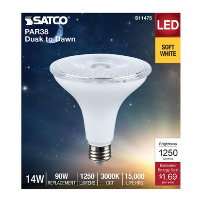 Satco S11475 Dusk to Dawn PAR38 Reflector LED Light Bulb 3000K E26 Medium Base 14W 120V (6 Pack)