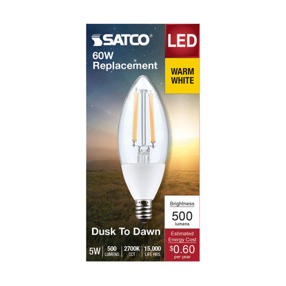 Satco S11477 Dusk to Dawn B11 Candle LED Light Bulb 2700K E12 Candelabra Base 5W 120V (6 Pack)