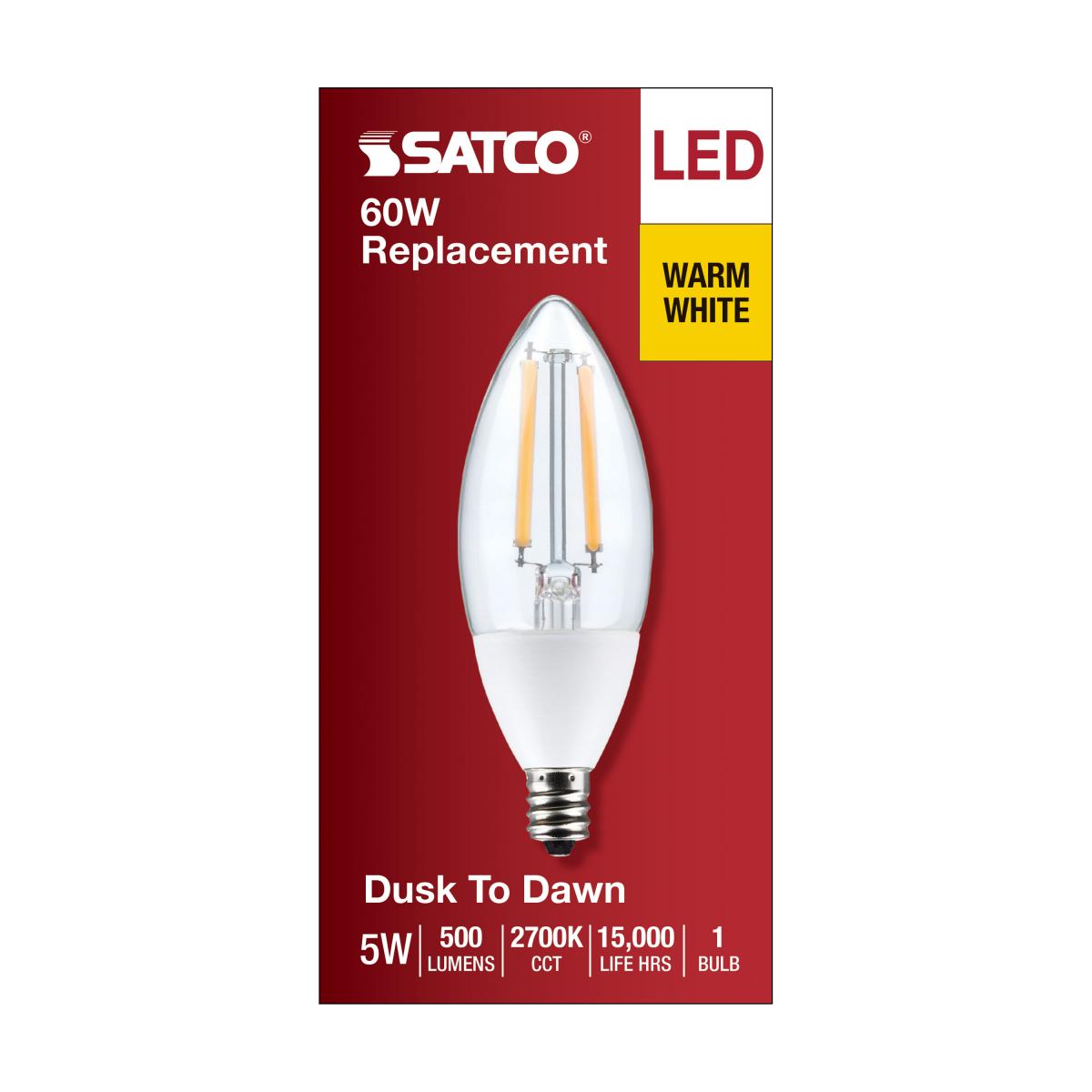 Satco S11477 Dusk to Dawn B11 Candle LED Light Bulb 2700K E12 Candelabra Base 5W 120V (6 Pack)