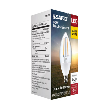 Satco S11477 Dusk to Dawn B11 Candle LED Light Bulb 2700K E12 Candelabra Base 5W 120V (6 Pack)