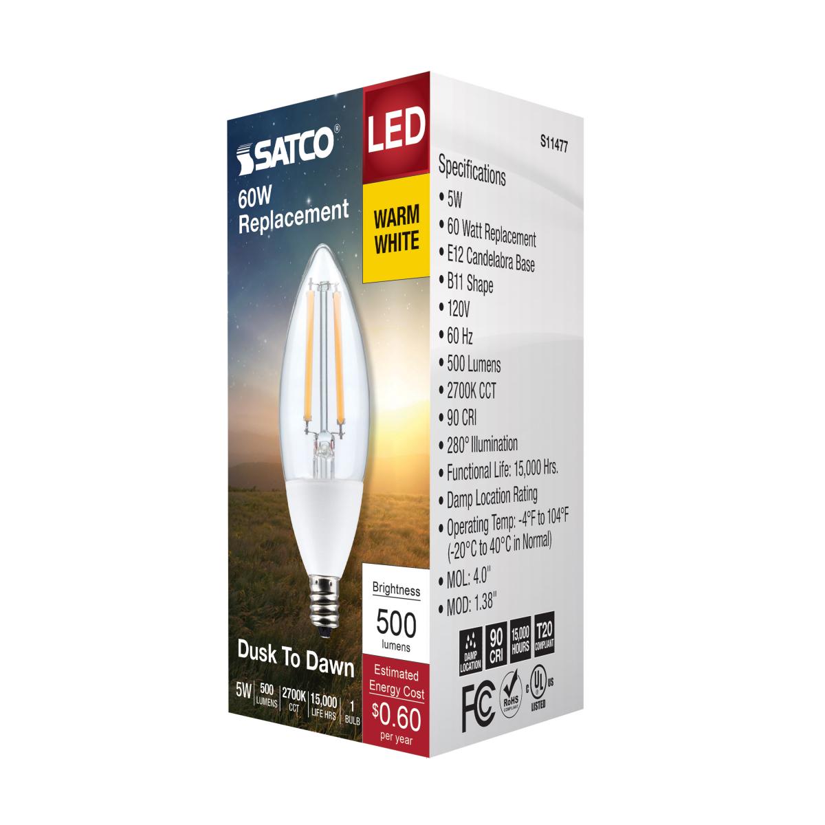 Satco S11477 Dusk to Dawn B11 Candle LED Light Bulb 2700K E12 Candelabra Base 5W 120V (6 Pack)