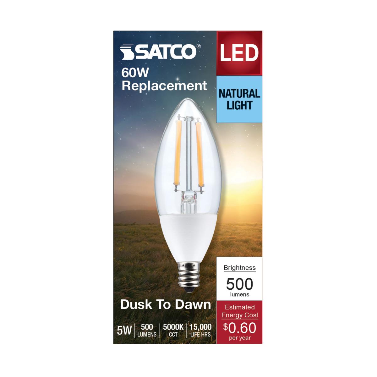 Satco S11478 Dusk to Dawn B11 Candle LED Light Bulb 5000K E12 Candelabra Base 5W 120V (6 Pack)