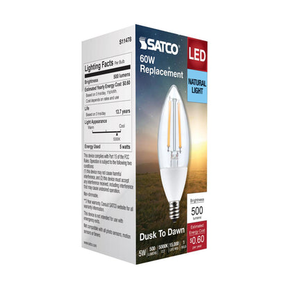 Satco S11478 Dusk to Dawn B11 Candle LED Light Bulb 5000K E12 Candelabra Base 5W 120V (6 Pack)