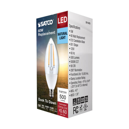 Satco S11478 Dusk to Dawn B11 Candle LED Light Bulb 5000K E12 Candelabra Base 5W 120V (6 Pack)